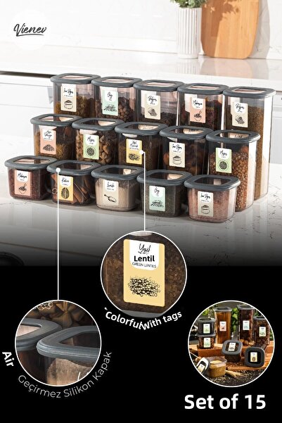 Vienev Комплект от 15 броя квадратни контейнери за съхранение на храна с цвет...