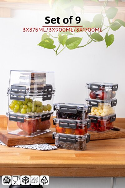 Nandy Home Set of 9 - Rectangular Clear Storage Container with Lock Lid 375-900-17000ML