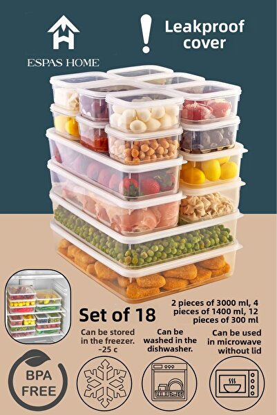 Espas Home 18-Piece Leakproof Freshbox Storage Container – Microwave and Refrigerator Compatible / 2X3000Ml-4X1400Ml-12X300Ml