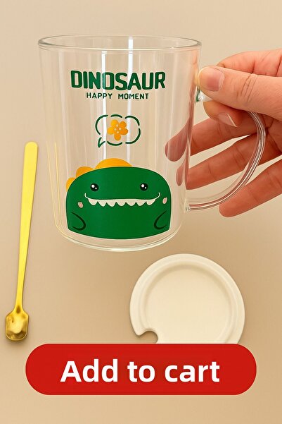 Two Two Dinosaur Happy Moment Glass Mug Set - with Lid and Gold Color Stirrer