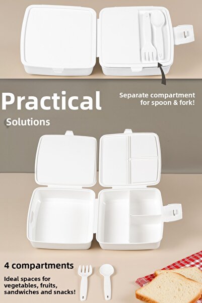 Meleni Baby 2-tier Compartment Children's Lunch Box with Fork and Spoon - White Student School Food Carrying Container