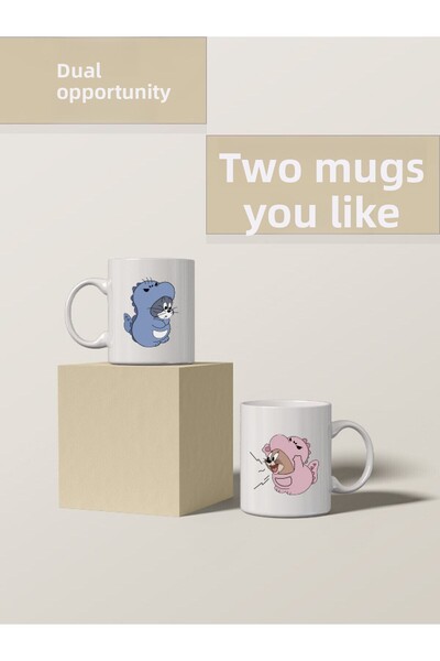 lunasstore كوب مزدوج بتصميم توم وجيري، طقم مج مزدوج، كوب العشاق