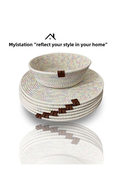 myistasyon "tarzınızı evinize yansıtın" Cotton Straw Placemat Knitted Bamboo Quality Runner 6 Pieces Plate Mat + Basket Stitched Handmade