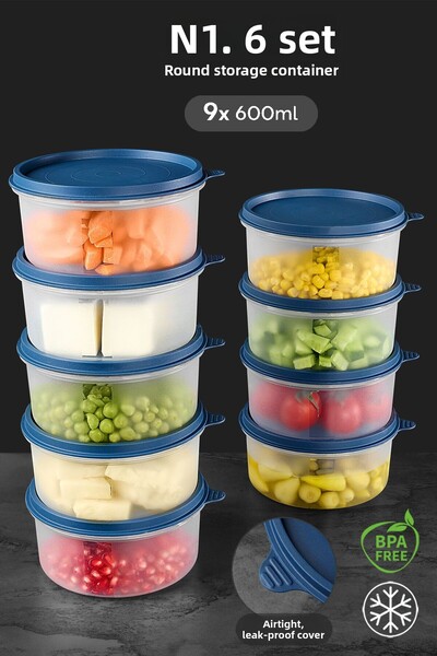 Meleni Home 9X600Ml Dark Blue Round Food Storage Set - Organizer Organizer Food Container
