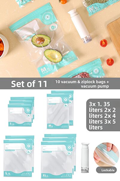 Meleni Home 11 Piece Vacuum Food Storage Bag Set - Ziplock Airproof Vacuum Bag with Vacuum Pump