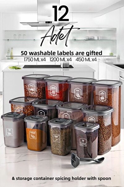 NESS HOME 12-Piece Labeled Square Food Storage Container and Spice Jar Set with Spoon (1750ML 1200ML 400 ML)