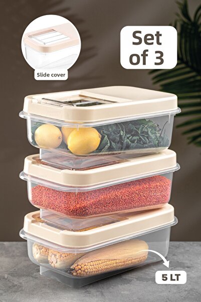 Meleni Home 3-Piece Multibox 5 lt Pulses Storage Container with Sliding Lid Food Storage Container Flour Container Cream