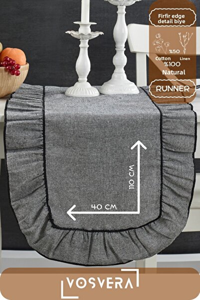 vosvera 40x110 cm Vintage Rufle Bumbac natural Lenjerie Runner - Volane și Detaliu îndoit