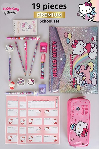Hello Kitty New Season Licensed Hello Kitty 16-Piece Stationery Set - Pencil Bag, 3D Eraser, Note Notepad