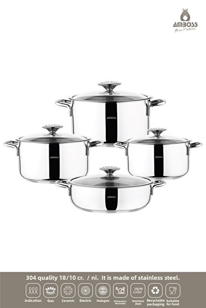 Amboss Cool 8 Piece Stainless Steel Cookware, Induction Base Cookware Set with Glass Lid
