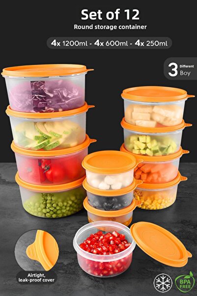 Meleni Home Set of 12 Orange Food Container - Round Food Storage Organizer, 4X250 4X600 4X1200Ml