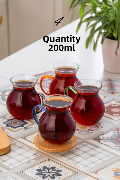 Porsima Lm-0035 Ehli Keyf 4 Piece Tea Set for 4 People – 200 ml Borosilicate Glass Chubby Cup Set with Handles