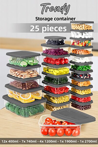Meleni Home Gray Set of 25 Rectangular Food Storage Containers - Microwave Safe Organization