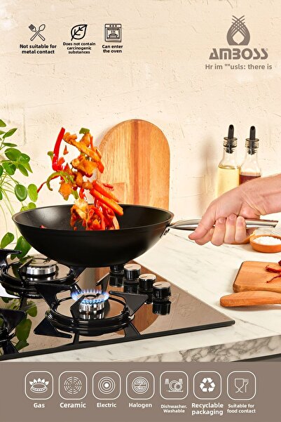 Amboss 28 Cm Titanium Coated Dark Granite Wok Pan - Fireproof Non-Stick