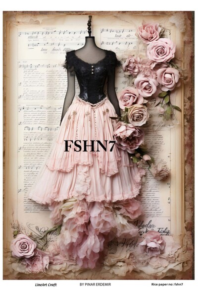 LİNEART Fshn7 Vintage Rice Patterned Dress - 30X42 Model, Decopage Fashion Se...