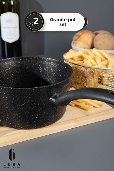 Skygo Plchf Black Granite 20 cm Frying Pot – with Steel Strainer, Non-Stick
