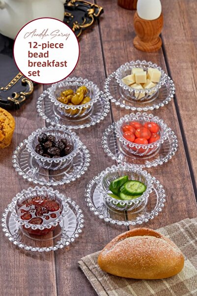 Anadolu Saray طقم إفطار من الخرز الأكريليك الشفاف مكون من 12 قطعة - وعاء سكر ...