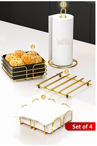 Bino Set de 4 veselă - Suport de prezentare, rolă, suport pentru șervețele Suport pentru prosoape și trivet Organizator de bucătărie pentru pâine