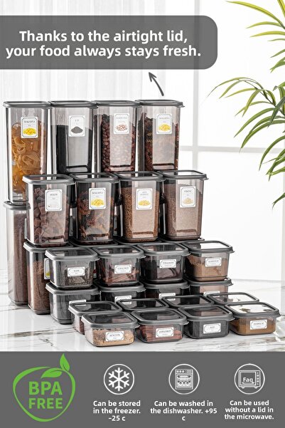 Meleni Home Set of 32 Viola Covered Square Food Storage Container - 8x(0.3 Lt-0,5 Lt-1,1 Lt-1,7 Lt) with Label