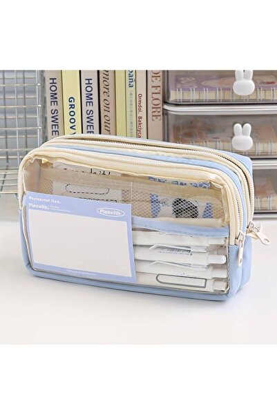 Kawaii Μαλακή μπλε διάφανη θήκη για στυλό - Μεγάλη χωρητικότητα