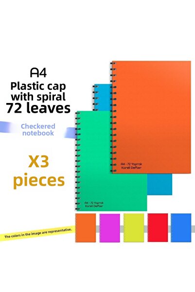 Fragman Yayınları A4 72 Sheets 3 Pieces Checked School Notebook Planner with Gift Plastic Cover Spiral