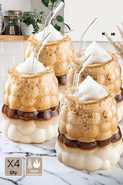 MİS KİTCHEN 4 Bead Cups - Cold, Hot Coffee Cup with Glass Straw Gift Grape Grain Cup 300 ml