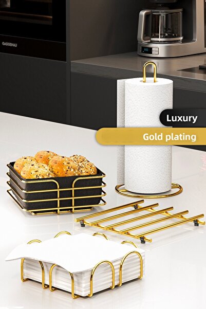 Bino Set de 4 veselă - Suport de prezentare, rolă, suport pentru șervețele Suport pentru prosoape și trivet Organizator de bucătărie pentru pâine