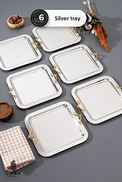 Homekolik 6 Pieces Sıla Chrome Silver Coffee Presentation Tray - 22 cm Stylish and Durable Design Chrome