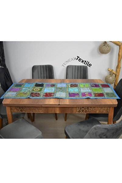 TUNCAY TEKSTİL Indian Work Mixed Color Patch Runner Blue Decorative Cover Sequin Handcrafted Forty Patch Ranir Table Cloth