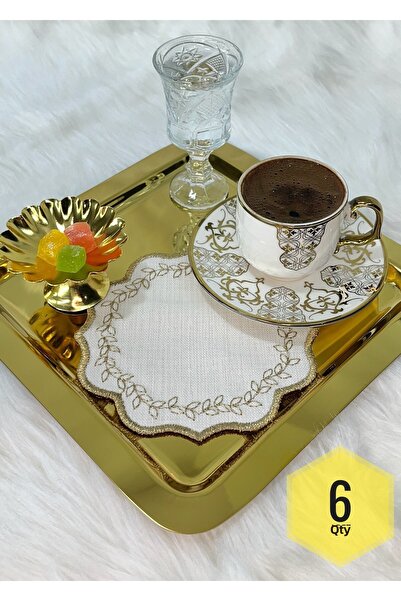 Mora Tekstil مفرش قهوة مطرز بأوراق الشجر، منديل تقديم، منديل جانبي للقهوة، منديل كوكتيل مكون من 6 قطع، مسند للزجاج