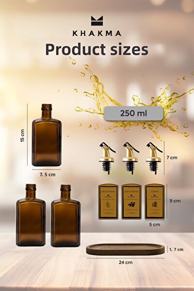 KHAKMA Amber Gold Olive Oil Pomegranate Sour Vinegar Bottle Oil Pot with Wooden Stand Set of 3 250ml Goldcb3