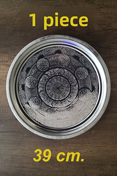 Binbir Trend 39 cm Authentic Patterned Chrome Steel Appetizer Serving Plate, Salad and Kebab Plate