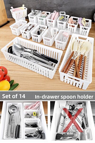 Meleni Home Σετ αρθρωτών μαχαιροπήρουνων 14 τεμαχίων - Συρταριέρα πολλαπλών χρήσεων Organizer κουζίνας Κουτάλα λευκό