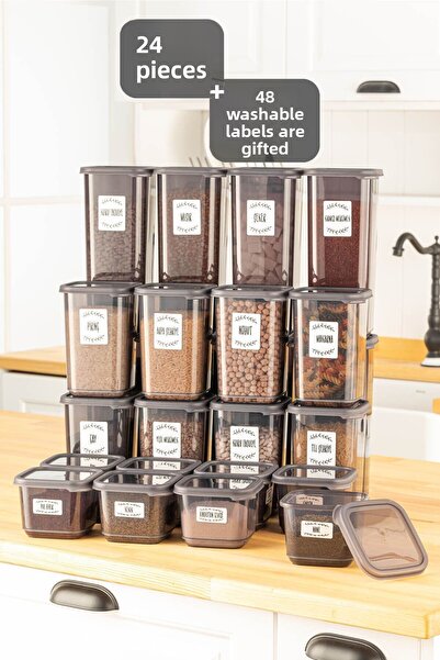 Meleni Home Recipient de depozitare pentru alimente Elisa de 24 de bucăți - Set de condimente pătrat cu capac 8x0,50 Lt-1,10 Lt-1,70 Lt