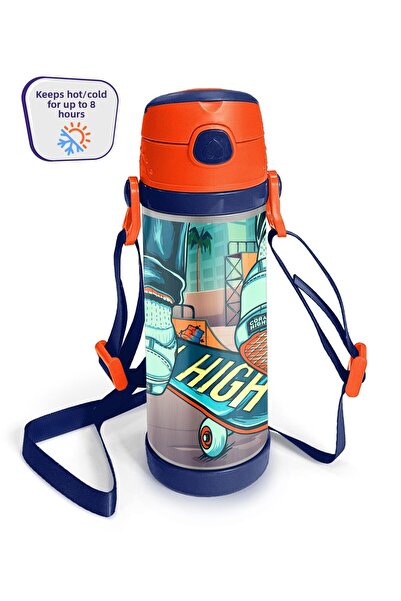 Coral High Kids Civit Neon Orange Skateboard Patterned Steel Thermos with Straw 500 Ml 11923