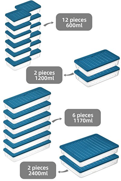 Meleni Home 22 Pieces Storage Container - Petrol Microwave Compatible, 2x2400Ml 2x1200Ml 6x1170Ml 12x600Ml