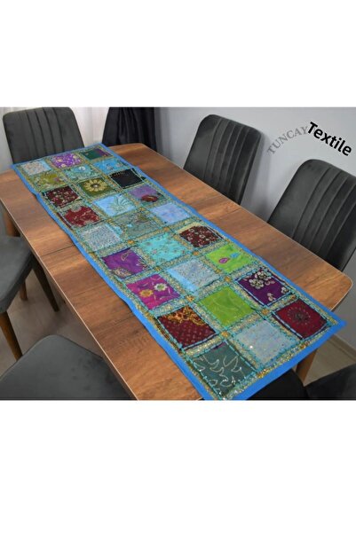 TUNCAY TEKSTİL Indian Work Mixed Color Patch Runner Blue Decorative Cover Sequin Handcrafted Forty Patch Ranir Table Cloth