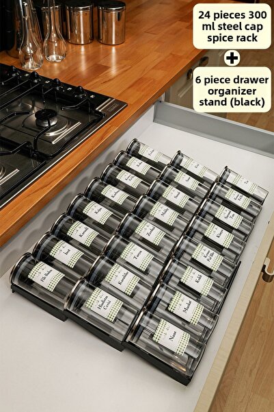 color house 300ml 24 Pcs Black Borosilicate Plexiglass Stand - with Steel Caps and Spices Holder