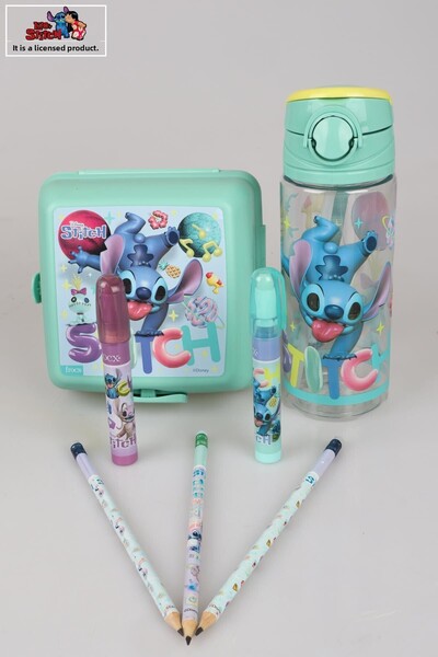 Stitch Lisan Stitch 500ml Water Bottle - Nutrition Bowl, 3 Pencils with Eraser and 2 Stationery with Rocket Eraser
