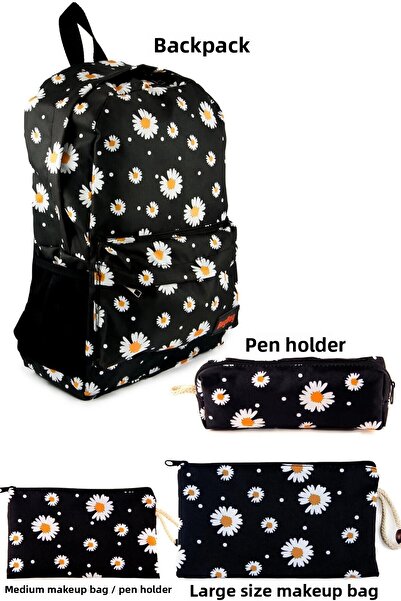 BYBAG Set de 4 rucsac și geantă de machiaj cu model Daisy - Suport stilou Dim...