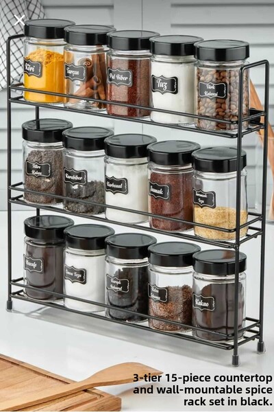 METALAY طقم وعاء زجاجي دائري مكون من 15 قطعة مع حامل معدني من 3 طبقات، طقم وعاء توابل مكون من 15 قطعة