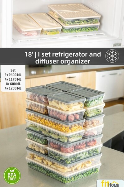 FİTHOME Set of 18 Colorful Lid Refrigerator and Freezer Organizer Storage Container 2X2400-4X1200-4X1170-8X600 ml