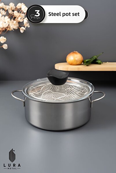 Homekolik Plchf 3 Piece Steel Frying Pot 20 cm – Stainless Deep Pot with Oil Strainer, Glass Lid