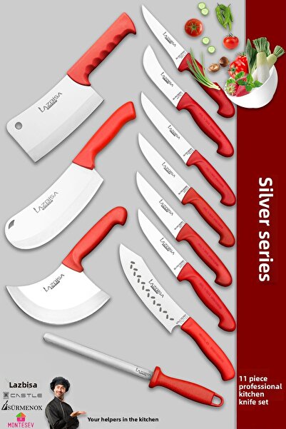 LAZBİSA 11 Pieces Silver Pro Kitchen Knife Set - Meat, Bread, Vegetable and Dumpling Chef Knife (Mfp-784)