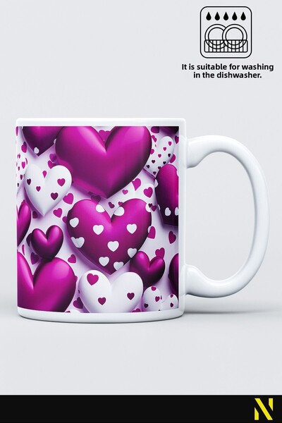 nilizma Pink Heart Patterned Colorful Mug Cup – 330 ml Mug | Stylish and Durable Design