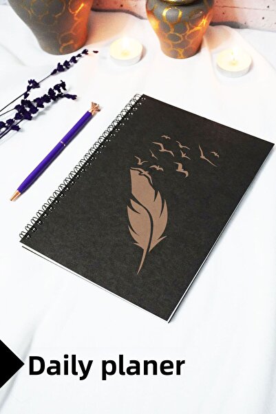 markcat دفتر ملاحظات A5 بنمط ريش الطيور بغطاء كرافت أسود - مخطط يومي - 45 ورق...