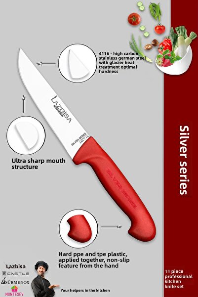 LAZBİSA 11 Pieces Silver Pro Kitchen Knife Set - Meat, Bread, Vegetable and Dumpling Chef Knife (Mfp-784)