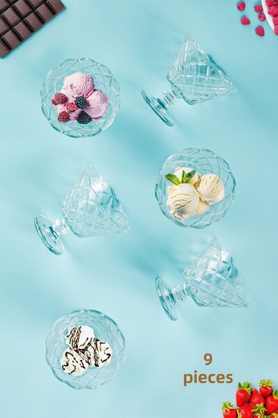 Porsima 1108 Model 6-Piece Glass Stand Ice Cream and Magnolia Presentation Bowl - Sugar Bowl and Snack Bowl 180ml