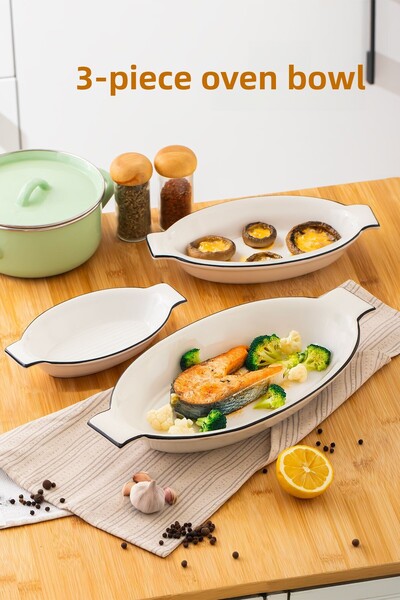 Porsima Oval 3-Piece Oven Dish, Serving Dish, Presentation Tray and White Plate