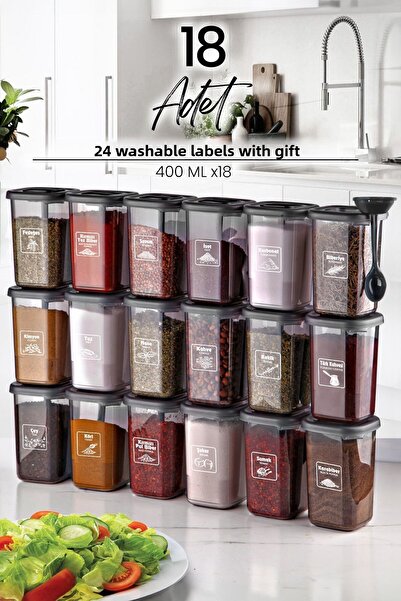 Kitchen Life Set de 18 boluri pentru condimente cu etichete Azure și lingură de sine stătătoare - Set boluri pentru condimente